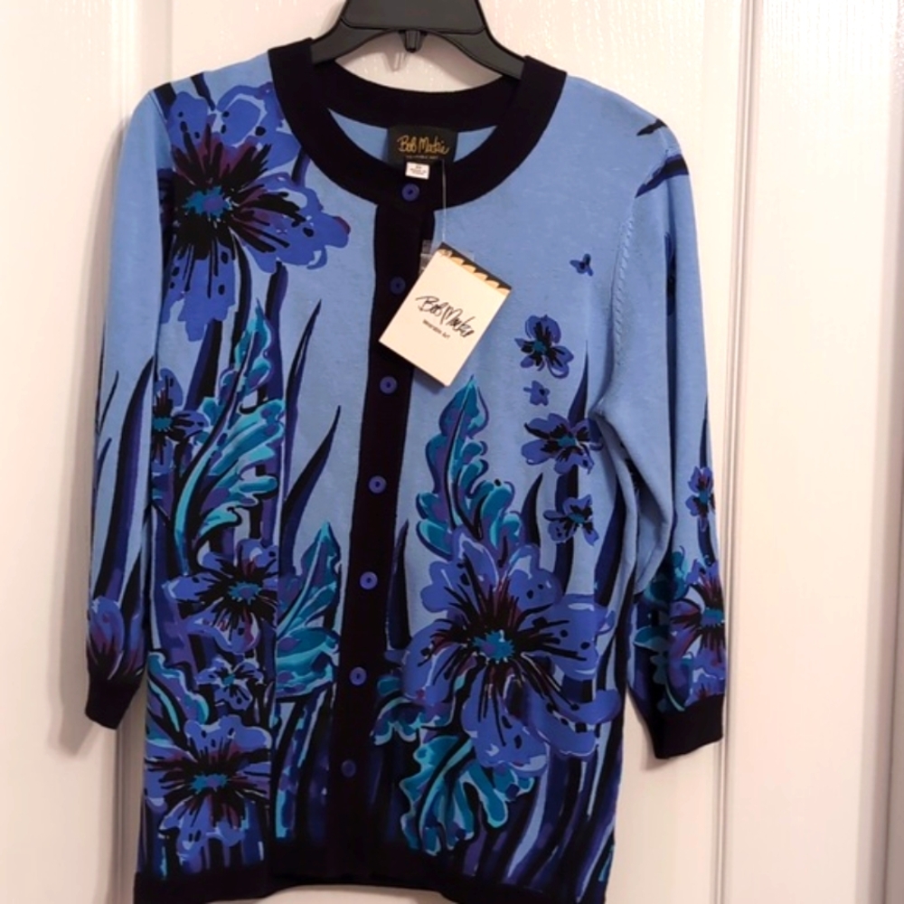 Bob Mackie Blue Floral Button Front Cardigan. Size XS. NEW
